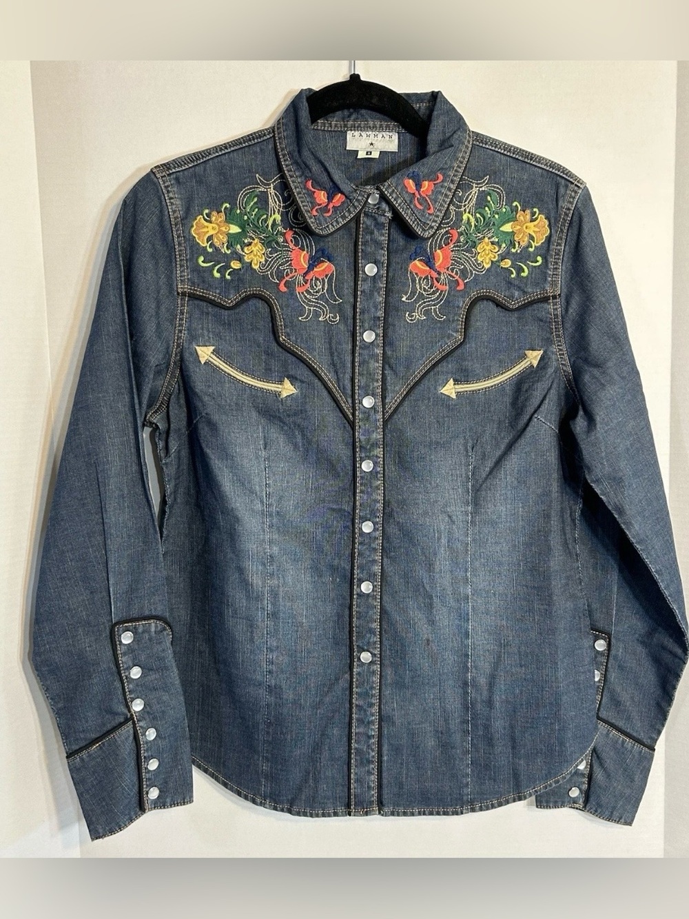 Vintage Woman’s Country Western Denim Embroidered Button Shirt By Lawman Size S